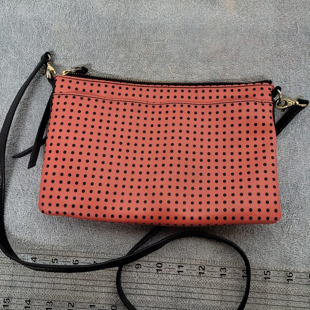 Fossil Coral Pink Black Polka Dot Perforated Leather Crossbody Bag Clutch‎